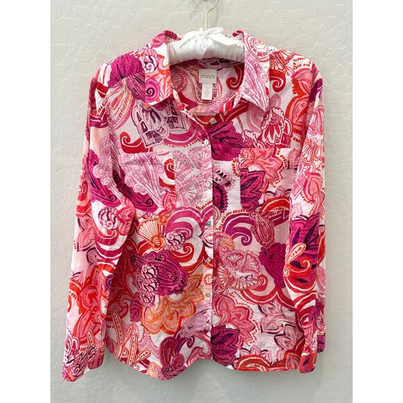 CHICO’S Bright Seashell Button Down Shirt Cotton Collared Blouse | Size 2 Large - Picture 1 of 7